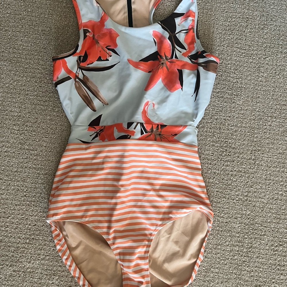 Floral and Striped One-Piece Swimsuit Sz L
